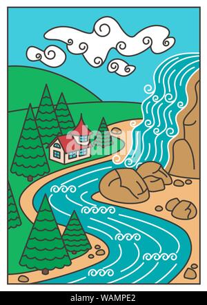 Illustration of Nature Landscape - Waterfall, River, Mountains and the beautiful house. Vector Card Stock Vector