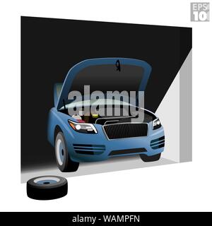 An SUV vehicle parked inside a garage with the hood opened and spare tire removed for scheduled maintenance and auto repair. Stock Vector