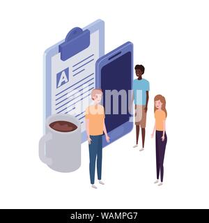 group of people with smartphone screen and sheets of paper Stock Vector
