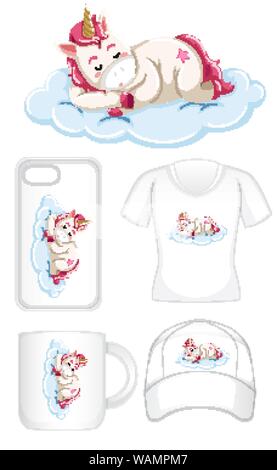 Graphic design on different products with unicorn sleeping illustration Stock Vector