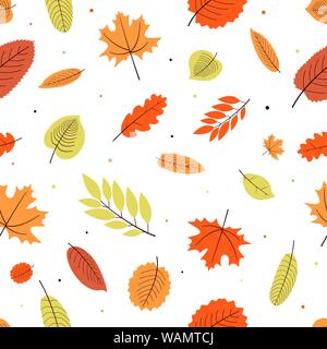 Seamless pattern with seasonal autumn leaves fallen from trees isolated on white background flat style cartoon vector illustration for wrapping paper, Stock Vector