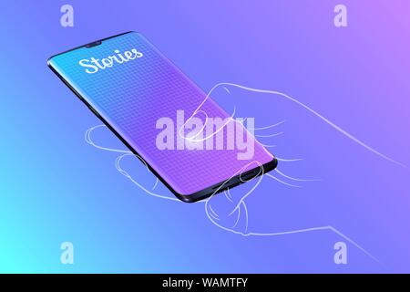Virtual female hand holds a realistic smartphone. 3d vector mock up. Hand drawn phantom fingers. Perspective grid for placement of interface elements Stock Vector