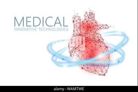 Total healthy heart beats 3d medicine low poly concept. Triangle red pharmacy drugstore background. Glowing arrows modern heart recovery Stock Vector