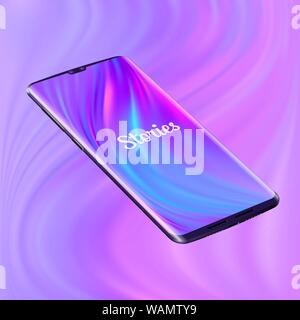 Imaginary smartphone. Vector 3d realistic mobile phone. Fashionable mockup. Stories logo for social network. Perspective view. Purple fluid background Stock Vector