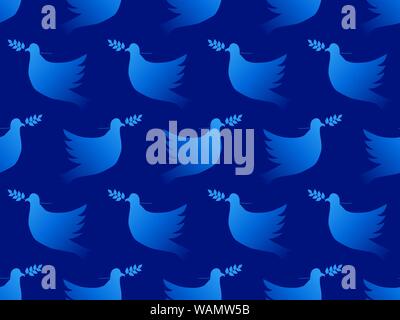 Dove with olive branch seamless pattern. Flying pigeons with a blue gradient. Symbol of peace and pacifism. Vector illustration Stock Vector