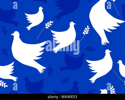 Dove with olive branch seamless pattern. Flying pigeons, symbol of peace and pacifism. Vector illustration Stock Vector