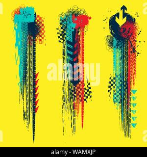 Three different grunge tire track banners with color ink blots elements isolated on yellow background Stock Vector