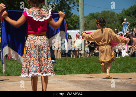 Odanak, Québec, Canada : July 7, 2019 - Girls Fancy Shawl Dance, Pow Wow Odanak, Abenaki Stock Photo