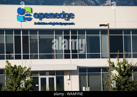 A logo sign outside of the headquarters of OpenEdge Inc., in Lindon ...