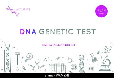 Vector Ethnicity and genealogy DNA genetic test home kit cover, design template, background. Hand drawn illustrations of medical genome research equip Stock Vector