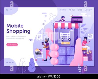 Mobile Shopping People Web Landing Page Template Stock Vector