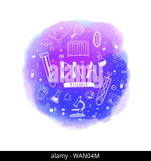 Vector Illustration, poster with equipment for DNA testing, research and hand drawn Lettering. Conceptual design for chemical, biological and medicina Stock Vector