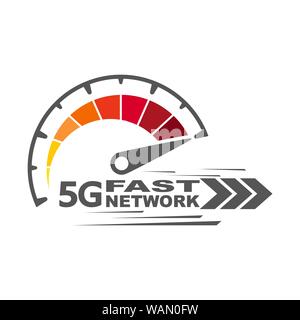 5g fast network. Speed internet 5g concept. Abstract symbol of speed 5g network. Speedometer logo design. Vector icon. EPS 10. Stock Vector