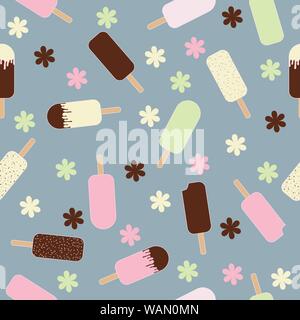 Flat illustration ice creams with flowers and blue background seamless pattern Stock Vector