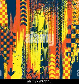 Color background with grunge tire tracks and ink blots Stock Vector