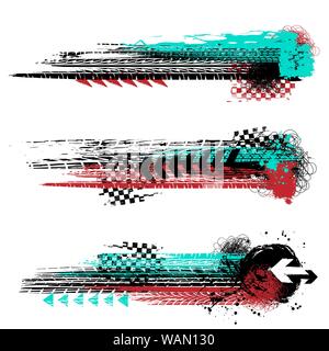 Three different grunge tire track banners with color ink blots elements isolated on white background Stock Vector
