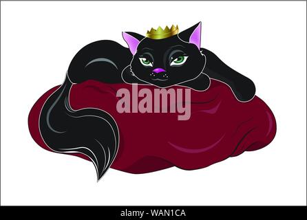 the black cat queen with crown, lies on a red pillow Stock Vector