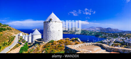 Wonderful Leros island, breathtaking scenery with traditional windmills.Dodecanese, Greece Stock Photo