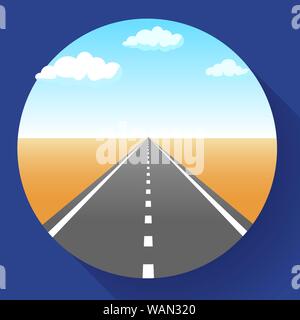 Landscape with sky and clouds, land and asphalt road with marking, empty highway in desert, vector illustration. Stock Vector