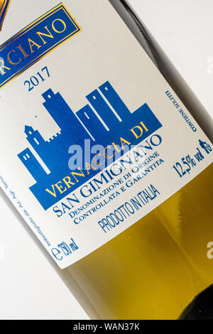 Vernaccia, a white Italian wine, made from the Vernaccia grape, produced in and around the Italian hill town of San Gimignano in Tuscany. Stock Photo