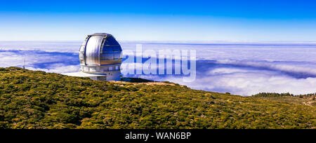 Impressive Roque de Los Muchachos,view with observatory and sky,La Palma,Spain. Stock Photo