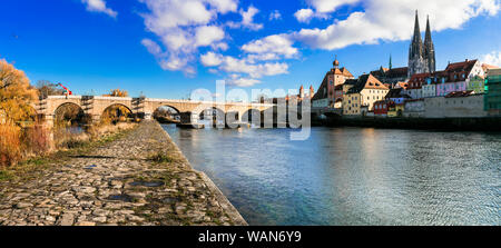 Wonderful town Regensburg in Bavaria, over Danube river, Landmarks of Germany Stock Photo