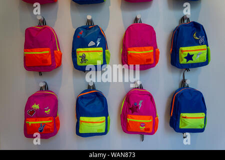 A selection backpacks at the online children’s retailer Rockets of Awesome’s pop-up brick-and-mortar store in the Flatiron neighborhood of New York on Saturday, August 10, 2019, opening just in time for the back-to-school shopping season. The National Retail Federation has predicted that back to school spending will reach $80.7 billion this year.(© Richard B. Levine) Stock Photo