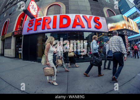 A  T.G.I. Friday's franchise located near Times Square in New York on Tuesday, August 13, 2019. The Riese Organization is the franchise holder for the restaurant in New York. They have had the NY franchise since 1986, in perpetuity, covering a seven-mile circle from Columbus Circle. (© Richard B. Levine) Stock Photo