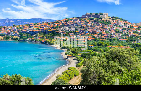 beautiful Molyvos (Mythimna) old town in Lesbos island. Greece Stock Photo