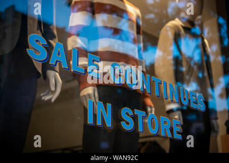 A sale sign on the window of a store in New York on Friday, August 16, 2019.  (© Richard B. Levine) Stock Photo