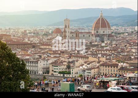 Florence, Italy - 2019, August 16: Piazzale Michelangelo with city skyline, in a summer day, view from the loggia that dominates the whole terrace.