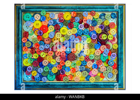 abstract picture from real multicolored sew-through buttons in a green photo frame on a white background Stock Photo