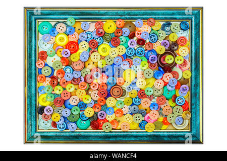 abstract picture from real multicolored sew-through buttons in a green photo frame on a white background Stock Photo