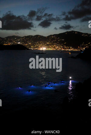 Paddlers cruise the waters of Frenchman's Bay at twilight during a night time kayak excursion on St. Thomas, U.S. Virgin Islands. Stock Photo