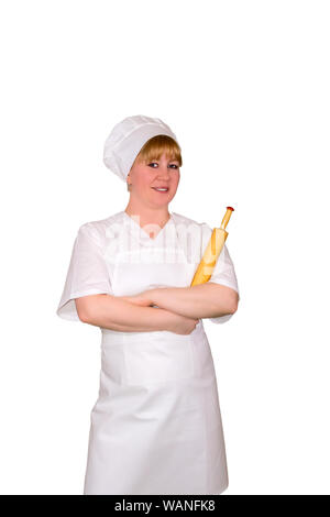 smiling female baker with rolling pin isolated on white background Stock Photo