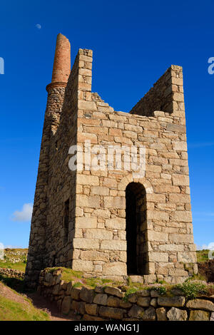West Wheal Owles Pump house with chimney and moon at Cargodna Mine Botallack Cornwall England Stock Photo