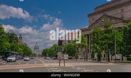 Pennsylvania Avenue, Washington DC, USA - May 20, 2018: View of the Capitol at the end of Pennsylvania Avenue in Washington