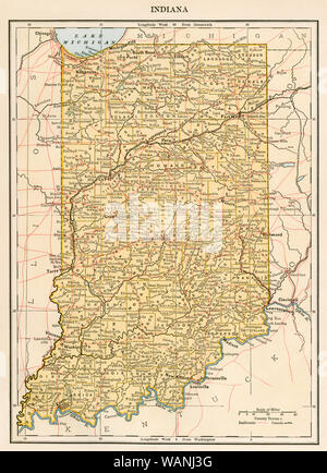 Map of Indiana, 1870s. Printed color lithograph Stock Photo