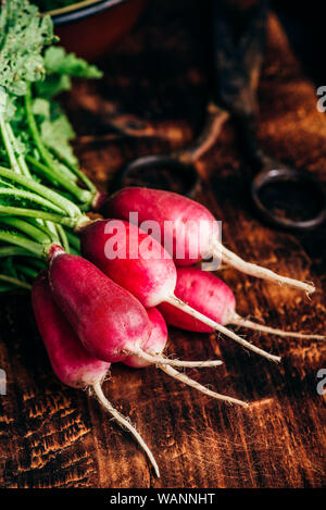 Bunch of homegrown red radish on cutting board Stock Photo