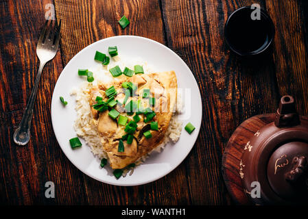 White rice with scrambled eggs with chicken and green onion on plate Stock Photo