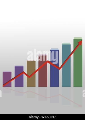 Computer graphic, increasing bar chart with blue curve against white ...