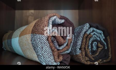 Two checkered yellow brown plaid. Woolen checkered plaid. Autumn warm background Stock Photo