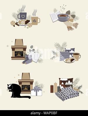 Cute vector illustration of autumn and winter hygge elements compositions isolated on white background. Templates for stickers, cards, scrapbooking Stock Vector