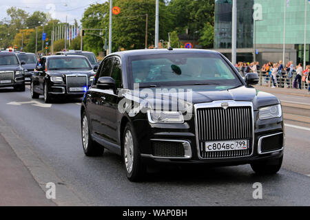 Helsinki, Finland. August 21, 2019. The presidential motorcade and Kortezh limousines of Russian President Vladimir Putin on Mannerheimintie, Helsinki. President Vladimir Putin pays a working visit to Finland on Wednesday, 21 August 2019. Credit: Taina Sohlman/Alamy Live News Stock Photo