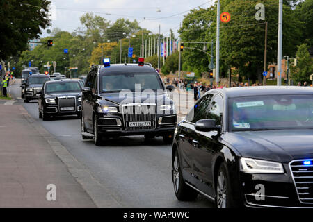 Helsinki, Finland. August 21, 2019. The presidential motorcade of Russian President Vladimir Putin on Mannerheimintie, Helsinki. President Vladimir Putin pays a working visit to Finland on Wednesday, 21 August 2019. The visit will be hosted by Finnish President Sauli Niinistö. Credit: Taina Sohlman/Alamy Live News Stock Photo