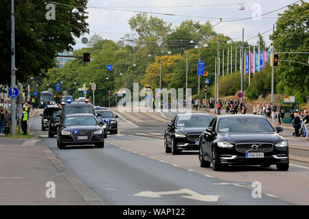 Helsinki, Finland. August 21, 2019. The presidential motorcade of Russian President Vladimir Putin on Mannerheimintie, Helsinki. President Vladimir Putin pays a working visit to Finland on Wednesday, 21 August 2019. The visit will be hosted by Finnish President Sauli Niinistö. Credit: Taina Sohlman/Alamy Live News Stock Photo