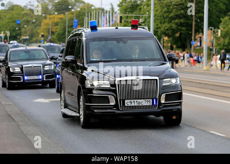 Helsinki, Finland. August 21, 2019. The presidential motorcade of Russian President Vladimir Putin on Mannerheimintie, Helsinki. President Vladimir Putin pays a working visit to Finland on Wednesday, 21 August 2019. The visit will be hosted by Finnish President Sauli Niinistö. Credit: Taina Sohlman/Alamy Live News Stock Photo