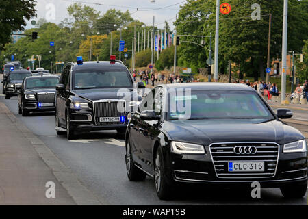 Helsinki, Finland. August 21, 2019. The presidential motorcade of Russian President Vladimir Putin on Mannerheimintie, Helsinki. President Vladimir Putin pays a working visit to Finland on Wednesday, 21 August 2019. The visit will be hosted by Finnish President Sauli Niinistö. Credit: Taina Sohlman/Alamy Live News Stock Photo