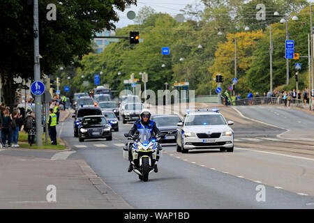 Helsinki, Finland. August 21, 2019. The presidential motorcade of Russian President Vladimir Putin on Mannerheimintie, Helsinki. President Vladimir Putin pays a working visit to Finland on Wednesday, 21 August 2019. Credit: Taina Sohlman/Alamy Live News Stock Photo