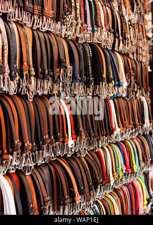 Collection of colorful belts on the shopping market Stock Photo